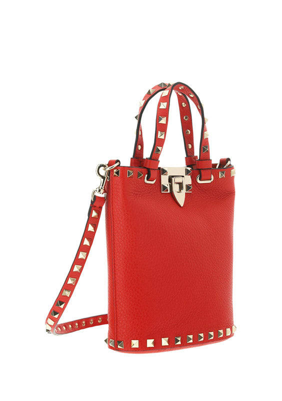 Rockstud Grainy Calfskin Small Tote - Red