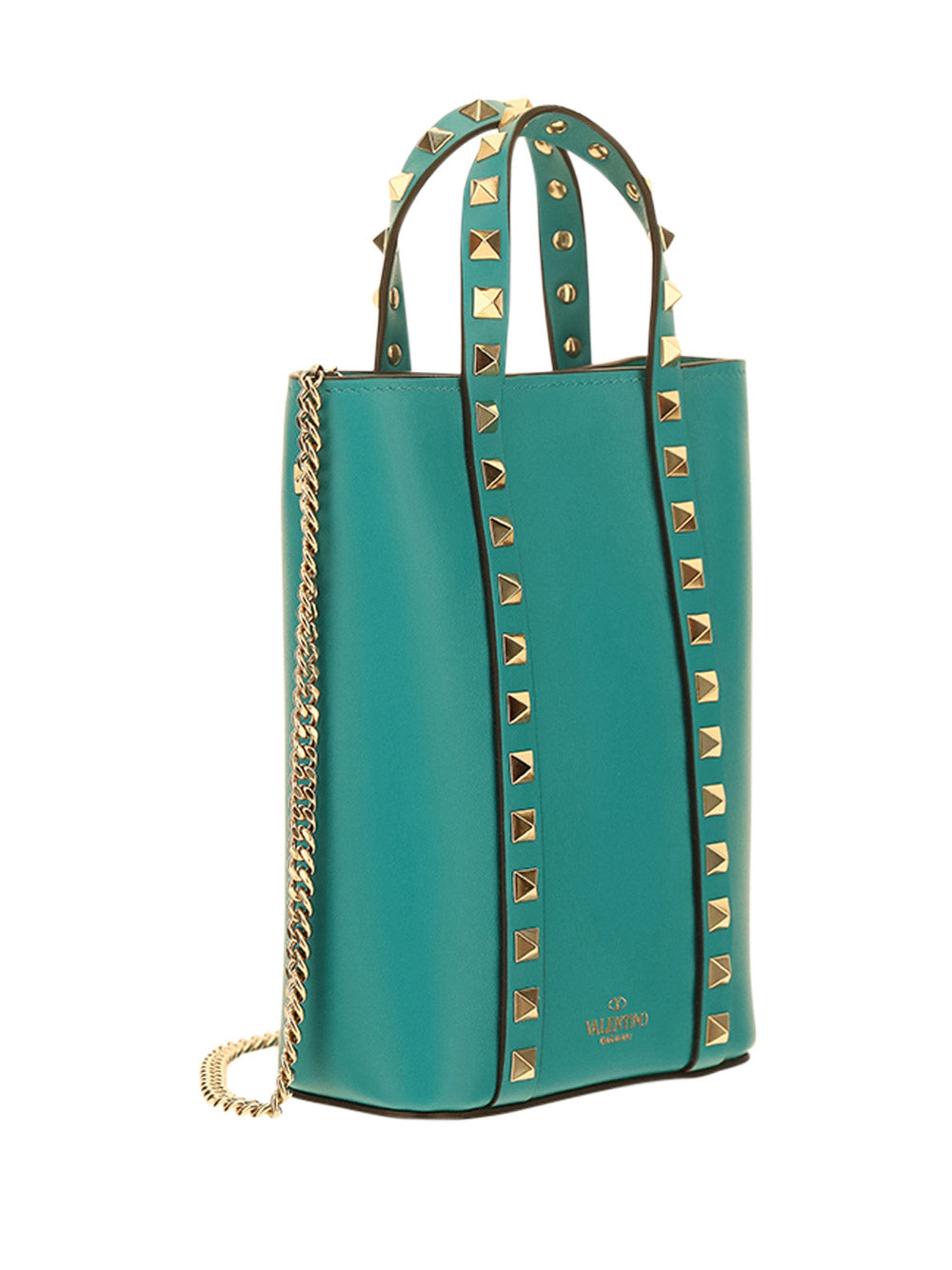 Rockstud Calfskin Leather Pouch With Chain - Marine Green