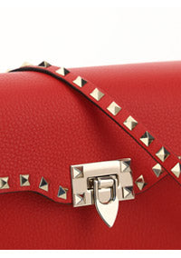 Small Rockstud Grainy Calfskin Crossbody Bag - Red