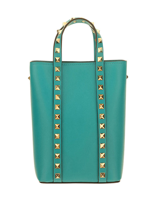 Rockstud Calfskin Leather Pouch With Chain - Marine Green