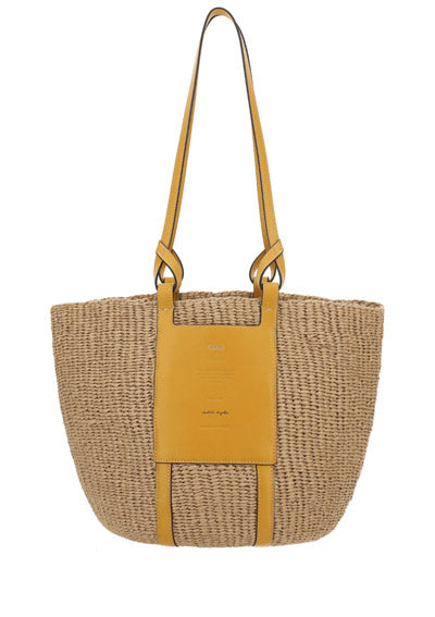 Large Basket in Fair Trade Paper & Shiny Calfskin - Natural / Yellow