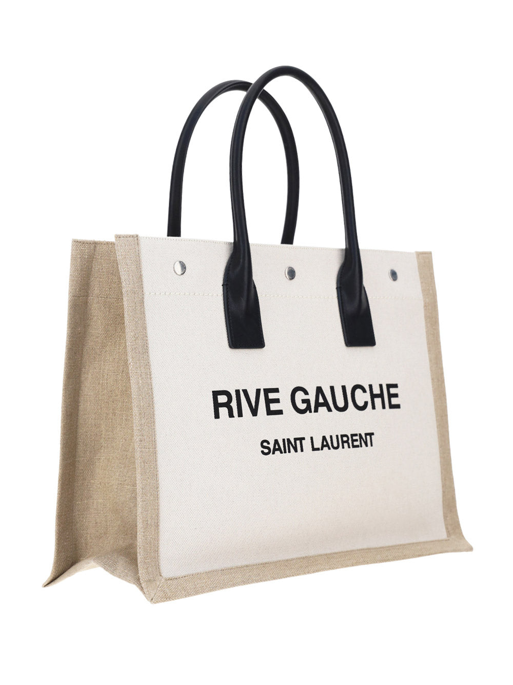 Rive Gauche Small Tote Bag in Linen and Leather - Greige  / Black / Neutral