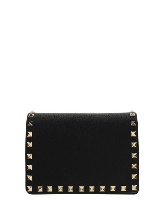 Rockstud Grainy Calfskin Chain Pouch - Black.