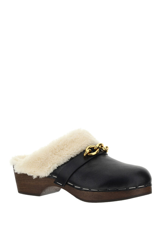 Le Maillon Clogs in Smooth Leather and Shearling - Noir