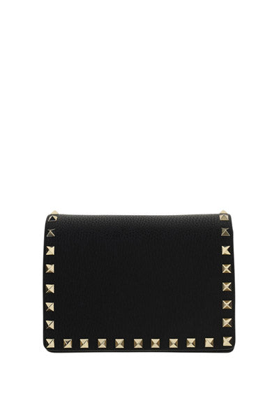 Rockstud Grainy Calfskin Chain Pouch - Black.