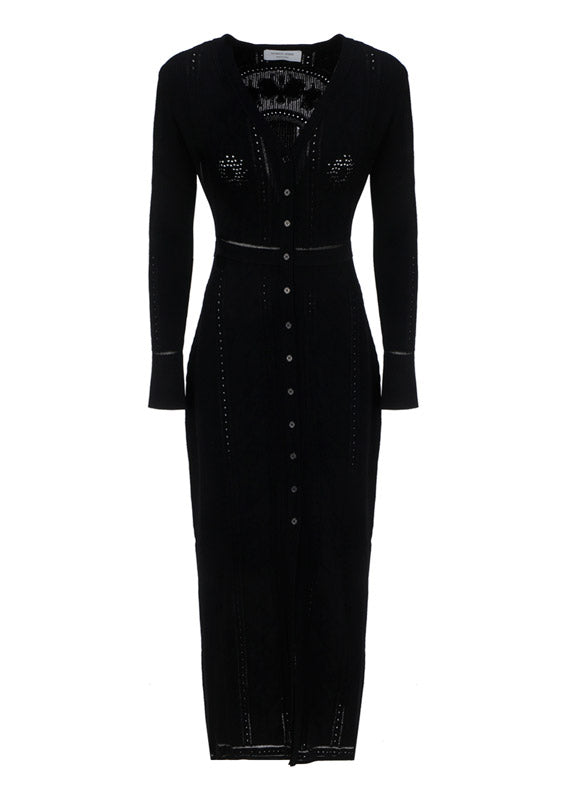Lunar-Pointelle Knit Cardigan Dress - Black