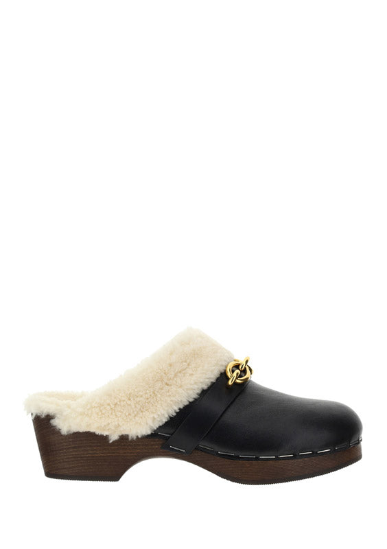 Le Maillon Clogs in Smooth Leather and Shearling - Noir