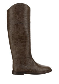 FF Karligraphy Motif Boots In Crocodile-Embossed Leather - Brown