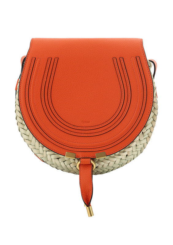 Small Marcie Cross-body Basket in Hand-Braided Raffia & Small Grain Calfskin - Rusted Orange