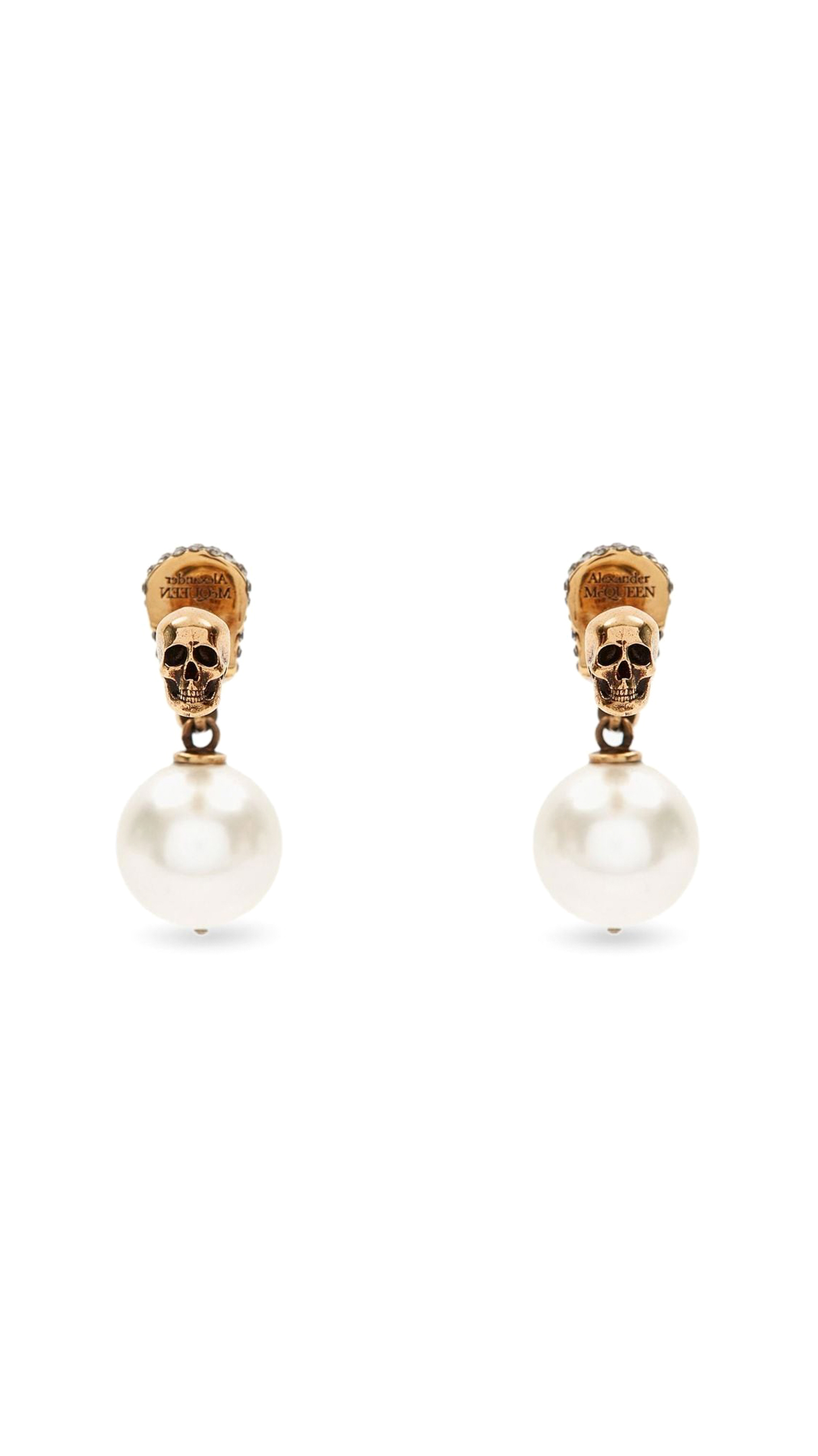 Skull Pearl Drop Earrings - Antique Gold