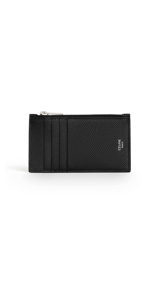 Zipped Compact Card Holder In Grained Calfskin - Black