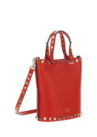 Rockstud Grainy Calfskin Small Tote - Red
