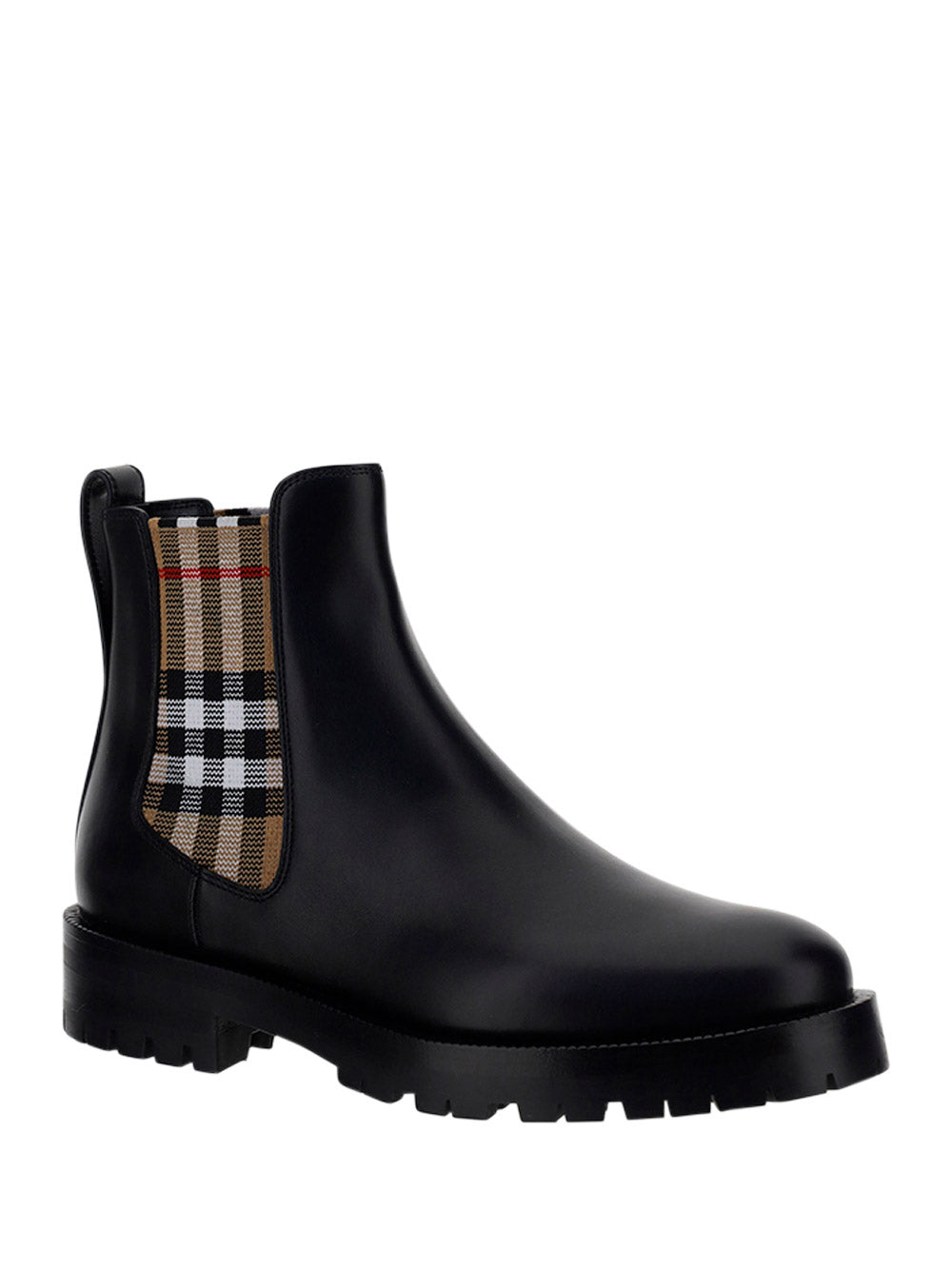 Vintage Check Detail Leather Chelsea Boots - Black