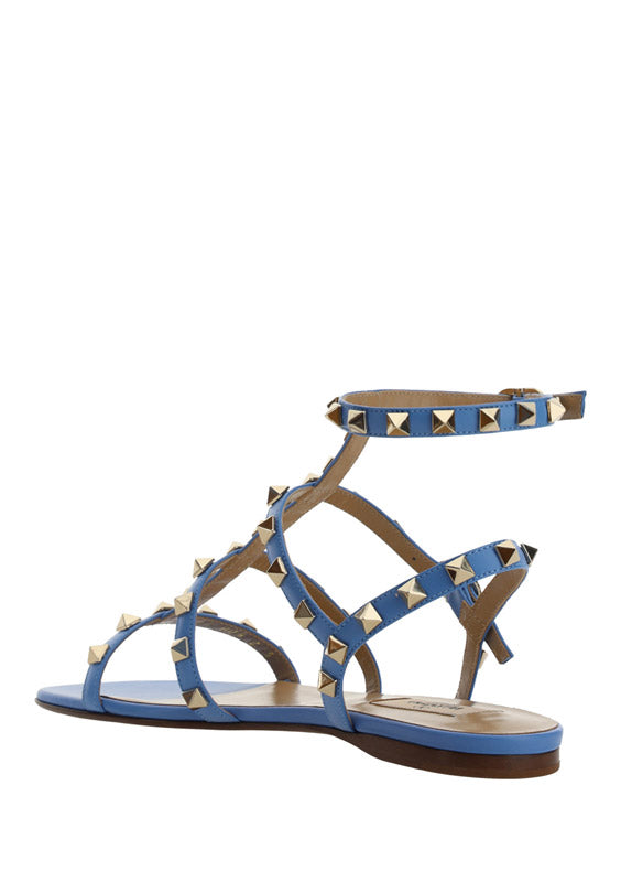Rockstud Flat calfskin Sandal with Straps - Denim