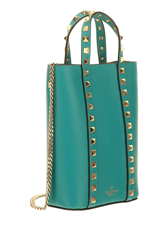 Rockstud Calfskin Leather Pouch With Chain - Marine Green