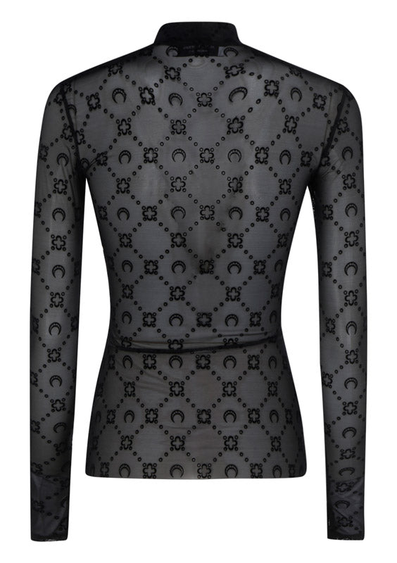 Moonogram-Flocked Mesh Top - Black