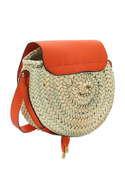 Small Marcie Cross-body Basket in Hand-Braided Raffia & Small Grain Calfskin - Rusted Orange