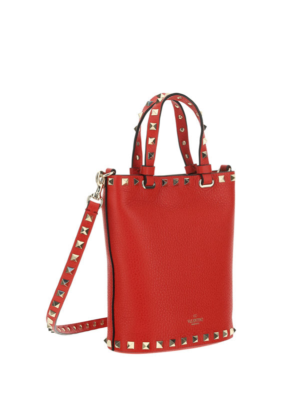 Rockstud Grainy Calfskin Small Tote - Red