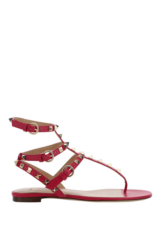 Rockstud Sandal in Calfskin Leather - Red