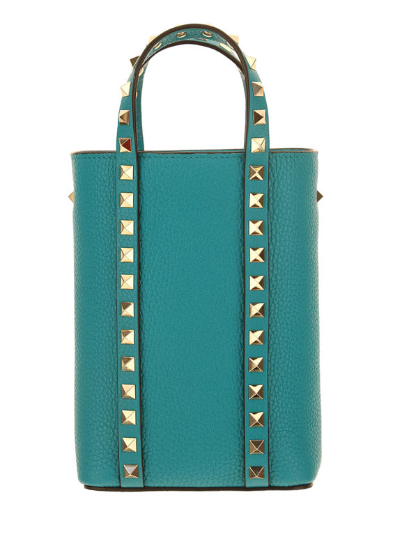 Rockstud Leather Bucket Bag - Turquoise