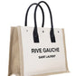 Rive Gauche Small Tote Bag in Linen and Leather - Greige  / Black / Neutral