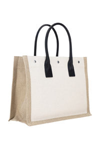 Rive Gauche Small Tote Bag in Linen and Leather - Greige  / Black / Neutral