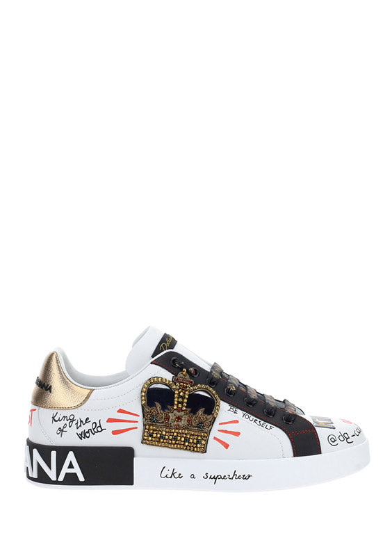 Portofino Sneakers In Printed Nappa Calfskin With Patch - White.