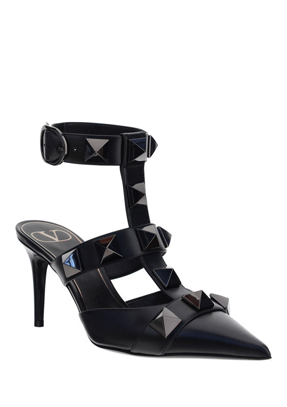 Roman Stud Patent Leather Sandals - Black