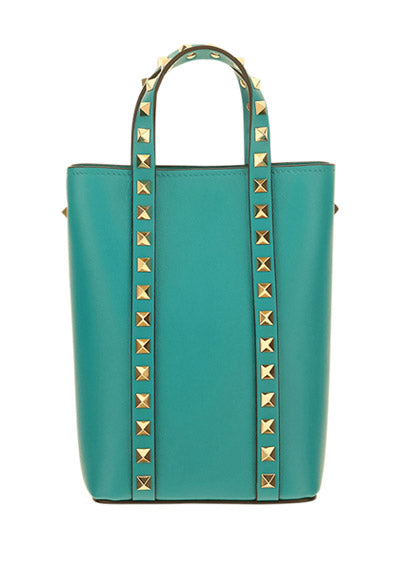 Rockstud Calfskin Leather Pouch With Chain - Marine Green