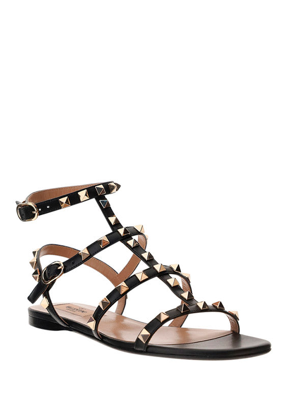 Rockstud Flat Calfskin Sandals with Straps - Black