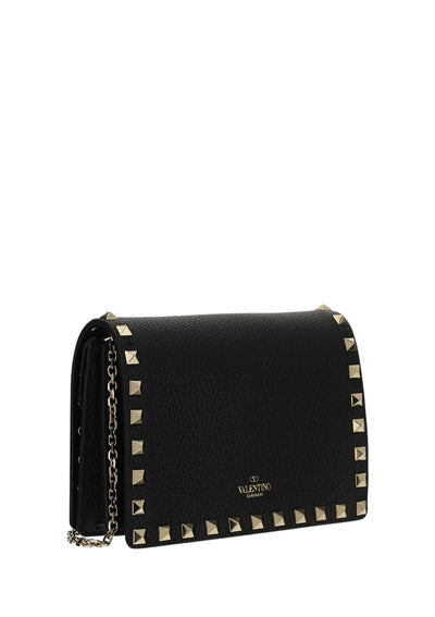 Rockstud Grainy Calfskin Chain Pouch - Black.