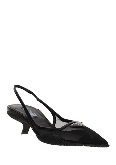 Mesh Fabric Slingback Pumps - Black