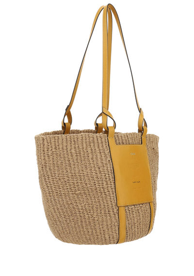 Large Basket in Fair Trade Paper & Shiny Calfskin - Natural / Yellow