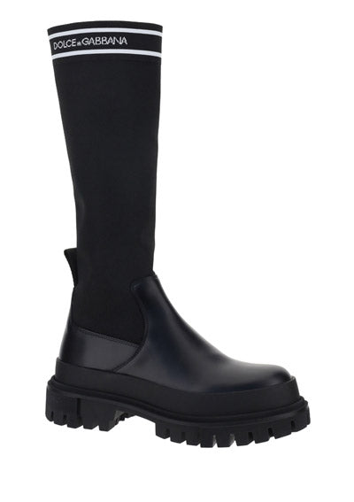 Calfskin and Stretch Mesh Boots - Black