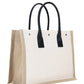 Rive Gauche Small Tote Bag in Linen and Leather - Greige  / Black / Neutral