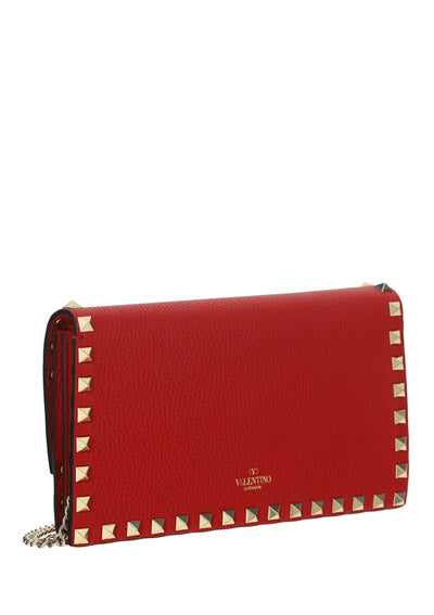 Rockstud Grainy Calfskin Chain Pouch - Red