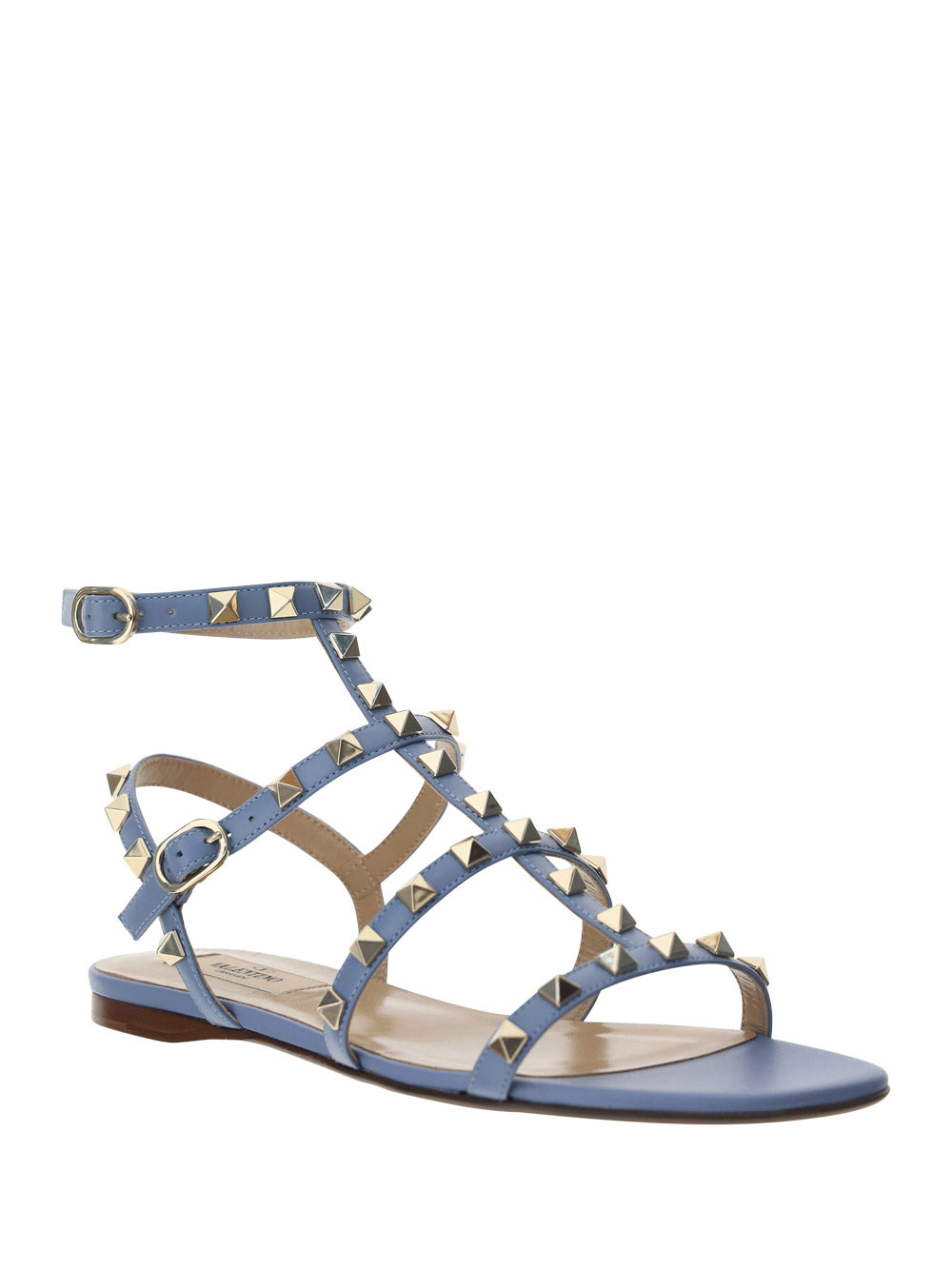 Rockstud Flat Calfskin Sandal with Straps - Azure
