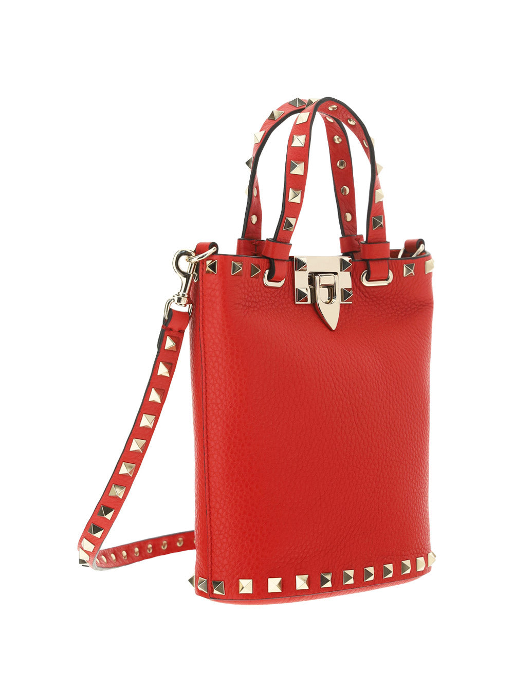 Rockstud Grainy Calfskin Small Tote - Red