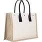 Rive Gauche Small Tote Bag in Linen and Leather - Greige  / Black / Neutral