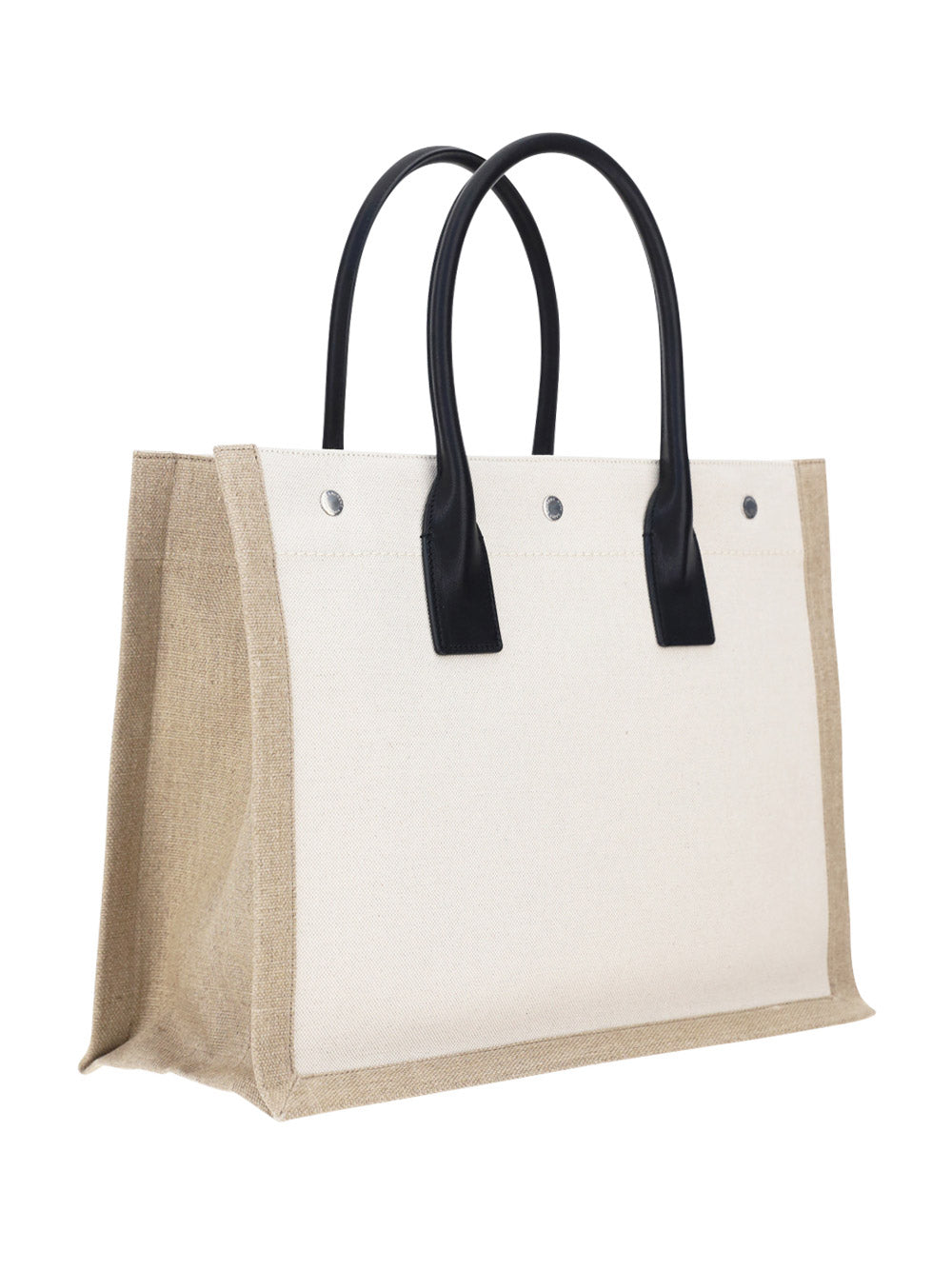 Rive Gauche Small Tote Bag in Linen and Leather - Greige  / Black / Neutral