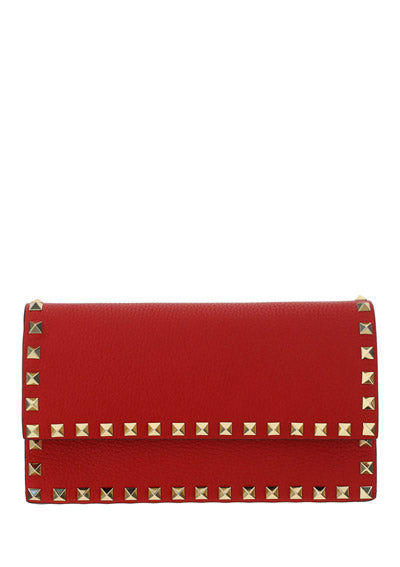 Rockstud Grainy Calfskin Chain Pouch - Red