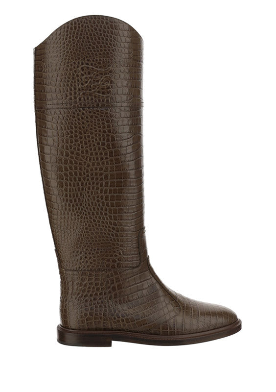 FF Karligraphy Motif Boots In Crocodile-Embossed Leather - Brown