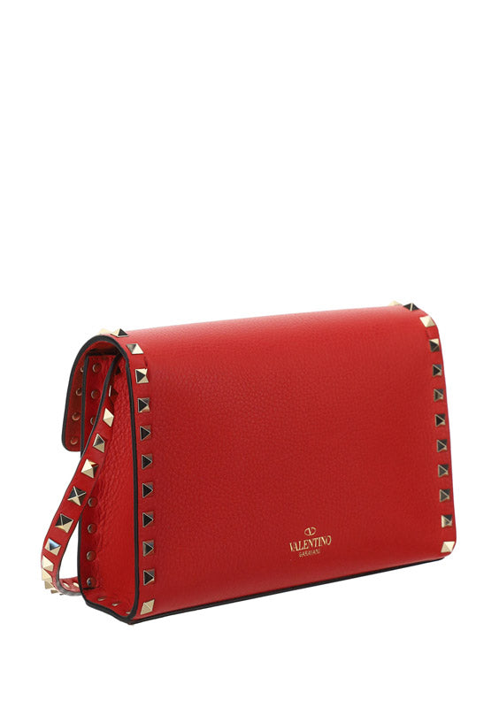 Small Rockstud Grainy Calfskin Crossbody Bag - Red