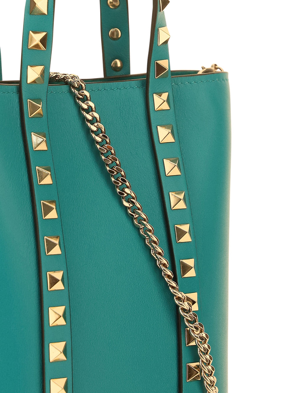 Rockstud Calfskin Leather Pouch With Chain - Marine Green