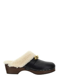 Le Maillon Clogs in Smooth Leather and Shearling - Noir