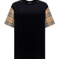 Vintage Check Sleeve Cotton Oversized T-shirt - Black