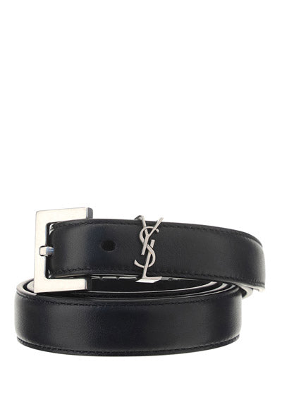 Narrow Leather Belt with a Square Buckle With the YSL Logo - Black.