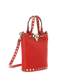 Rockstud Grainy Calfskin Small Tote - Red