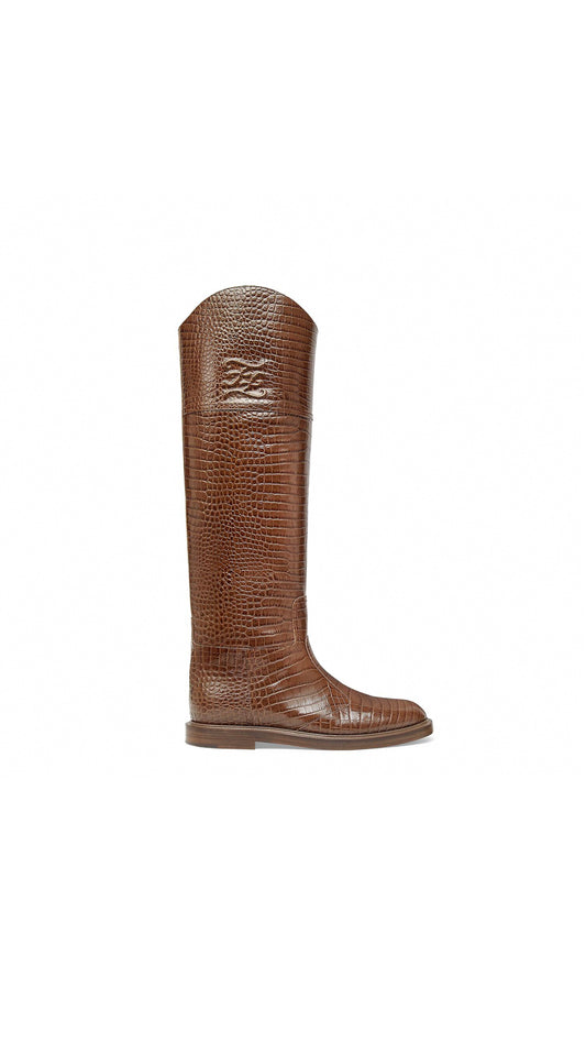 FF Karligraphy Motif Boots In Crocodile-Embossed Leather - Brown