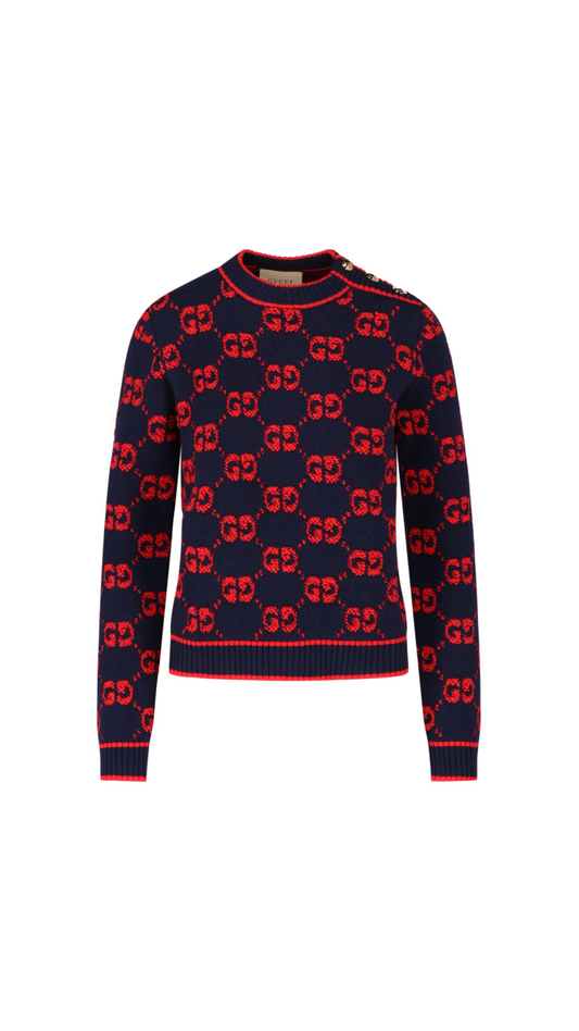 GG Wool Bouclé Jacquard Sweater - Navy/Red
